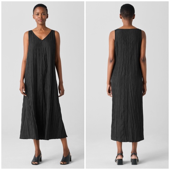 Eileen Fisher Crushed Silk V-Neck Midi Dress in Black Size S NWT - Picture 2 of 14